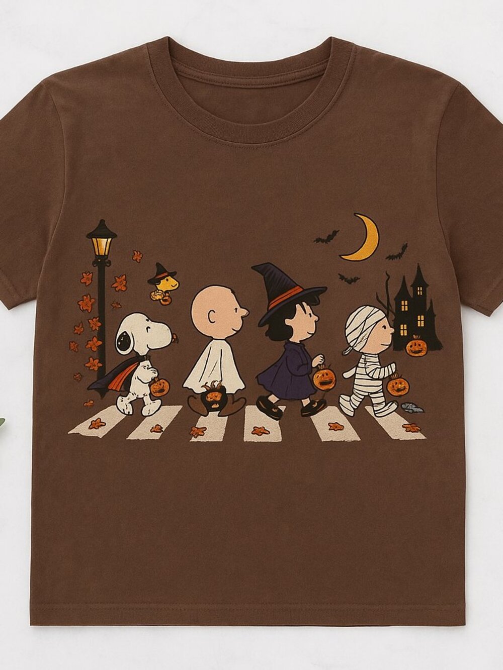 Cartoon Kids Halloween Crosswalk Trick or Treat Graphic Tee Brown Retro Spooky